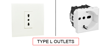 TYPE L Outlets are used in the following Countries:
<br>
Primary Country known for using TYPE L outlets is Italy.

<br>Additional Countries that use TYPE L outlets are Chile, Libya.

<br><font color="yellow">*</font> Additional Type L Electrical Devices:

<br><font color="yellow">*</font> <a href="https://internationalconfig.com/icc6.asp?item=TYPE-L-PLUGS" style="text-decoration: none">Type L Plugs</a> 

<br><font color="yellow">*</font> <a href="https://internationalconfig.com/icc6.asp?item=TYPE-L-CONNECTORS" style="text-decoration: none">Type L Connectors</a> 

<br><font color="yellow">*</font> <a href="https://internationalconfig.com/icc6.asp?item=TYPE-L-POWER-CORDS" style="text-decoration: none">Type L Power Cords</a> 

<br><font color="yellow">*</font> <a href="https://internationalconfig.com/icc6.asp?item=TYPE-L-POWER-STRIPS" style="text-decoration: none">Type L Power Strips</a>

<br><font color="yellow">*</font> <a href="https://internationalconfig.com/icc6.asp?item=TYPE-L-ADAPTERS" style="text-decoration: none">Type L Adapters</a>

<br><font color="yellow">*</font> <a href="https://internationalconfig.com/worldwide-electrical-devices-selector-and-electrical-configuration-chart.asp" style="text-decoration: none">Worldwide Selector. View all Countries by TYPE.</a>

<br>View examples of TYPE L outlets below.